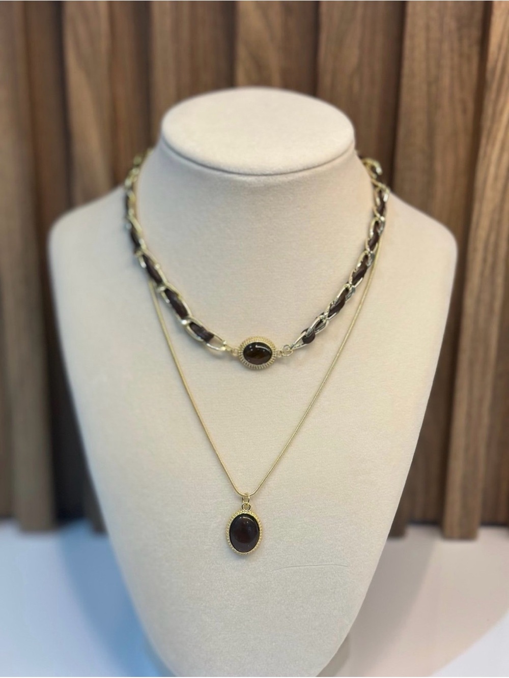 2PC Gold Brown Stone Layered Necklace Set Vintage Boho Chain Pendant